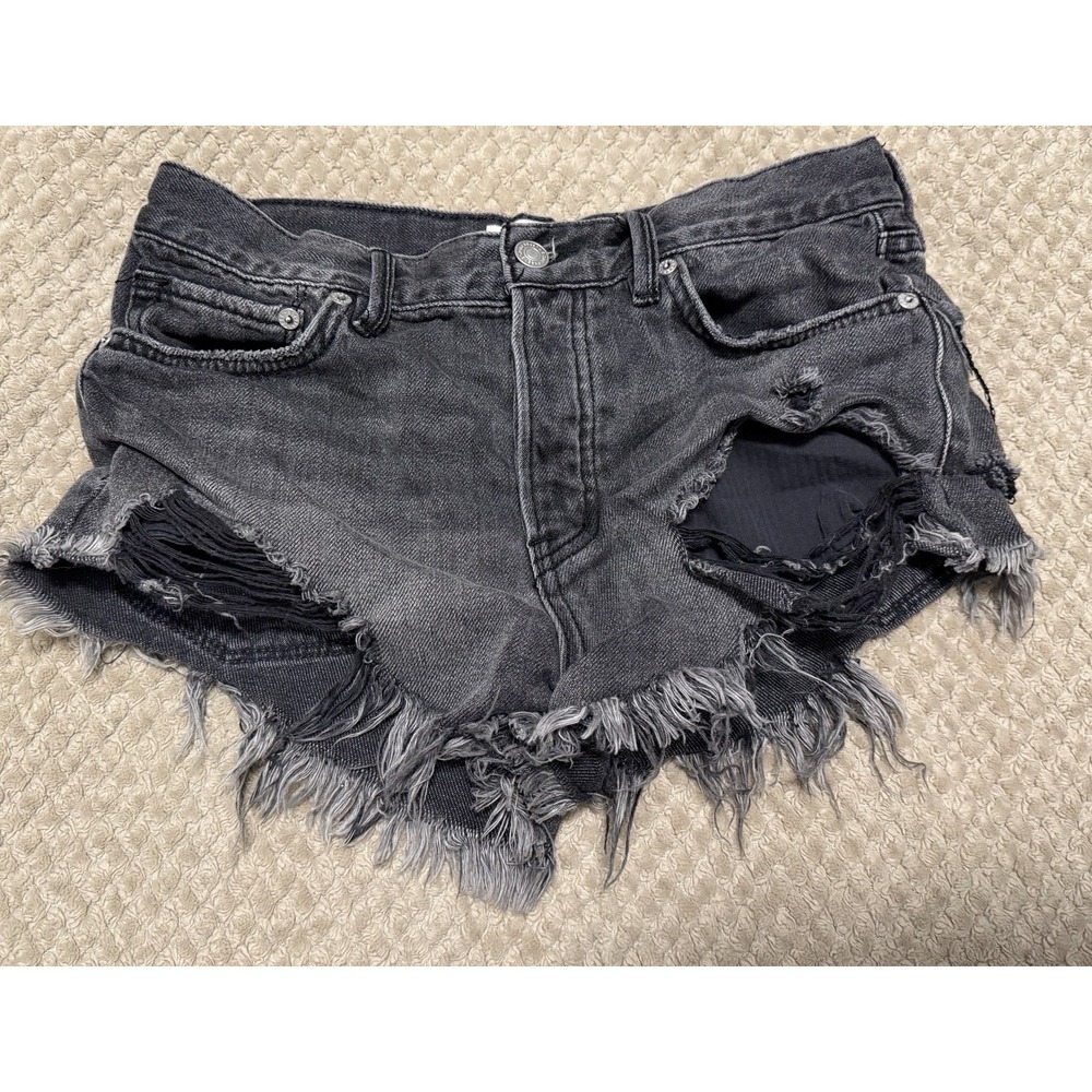 We The Free People Black‎ Denim Button Fly Distressed Cut Off Jean Shorts 25